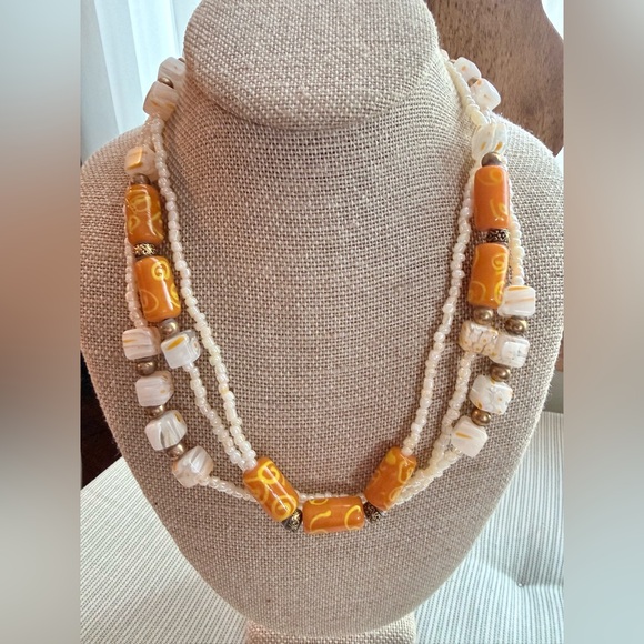 Vintage Jewelry - Millefiori Cube & barrel Cream Mustard Orange Art-glass & Seed Bead Necklace